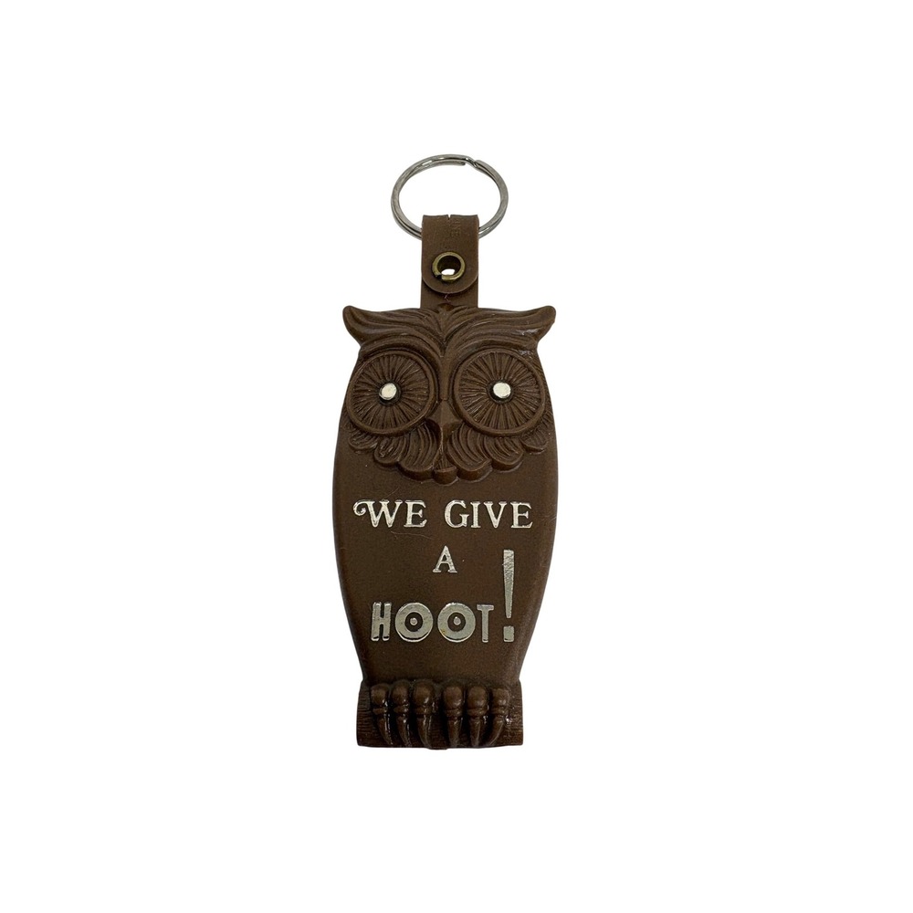 Vintage Owl Keychain We Give A Hoot‎ Brown Rubber Mt Vernon Realty Advertising